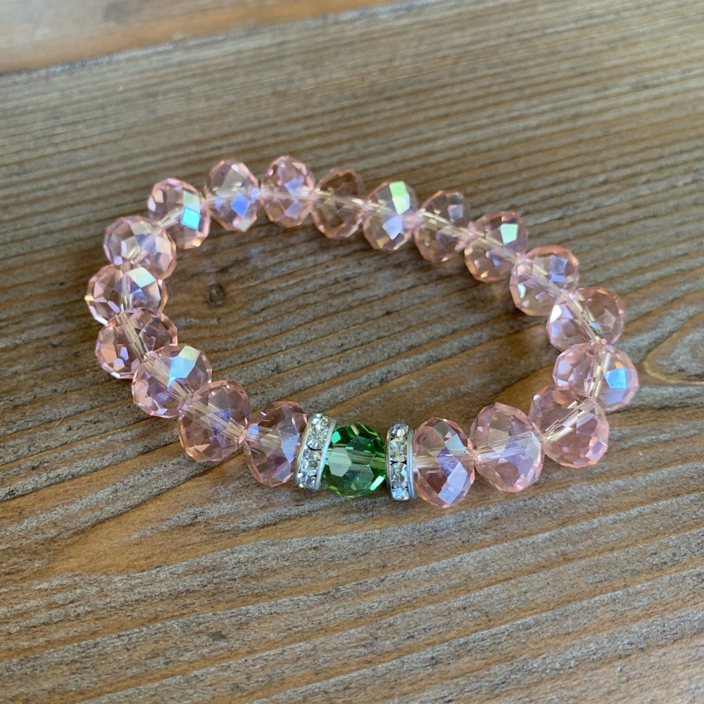 Swarovski Crystal Clear Beaded Pale Pink and Green Silver Tone Stretch Bracelet